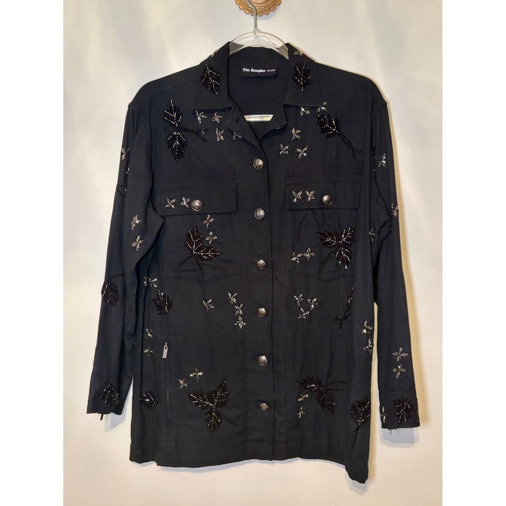 The Kooples Black Beaded Leaf Embroidered Utility Jacket Silver Buttons Size 1